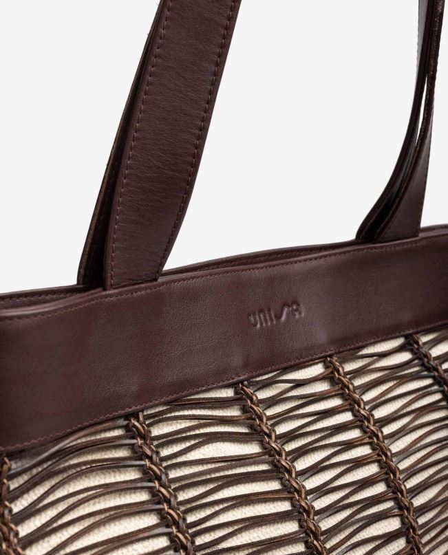 Unisa תיק יד גדול עשוי בד ועור חום נשים V2BP21108