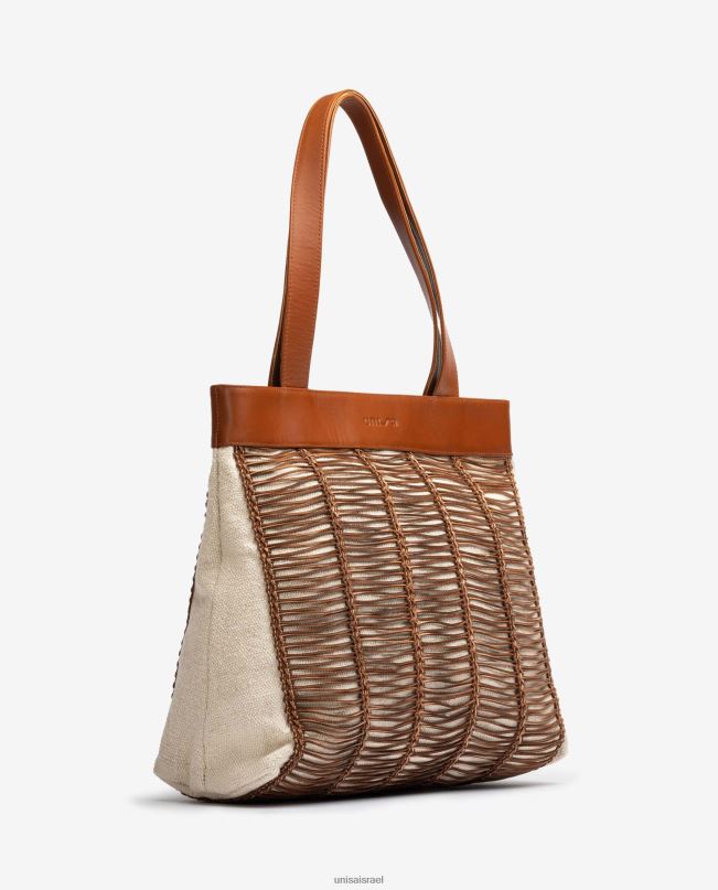 Unisa תיק יד גדול עשוי בד ועור חום נשים V2BP21110