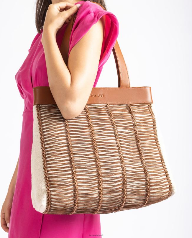 Unisa תיק יד גדול עשוי בד ועור חום נשים V2BP21110