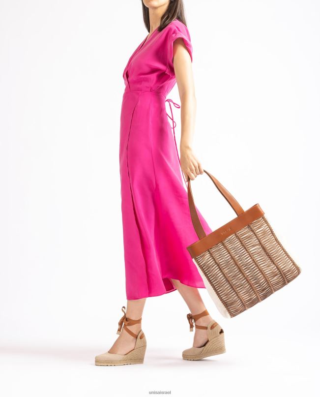 Unisa תיק יד גדול עשוי בד ועור חום נשים V2BP21110